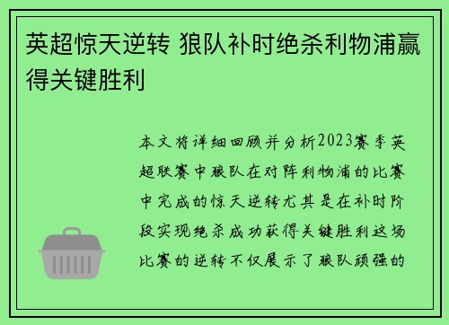 英超惊天逆转 狼队补时绝杀利物浦赢得关键胜利