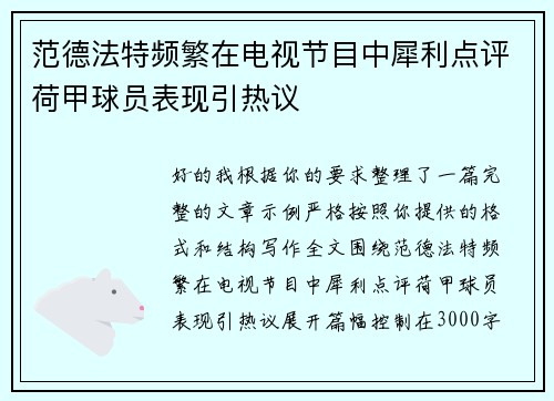 范德法特频繁在电视节目中犀利点评荷甲球员表现引热议