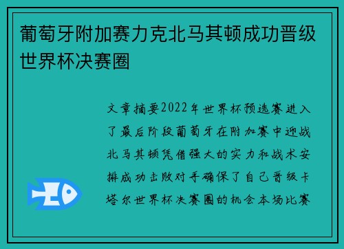 葡萄牙附加赛力克北马其顿成功晋级世界杯决赛圈